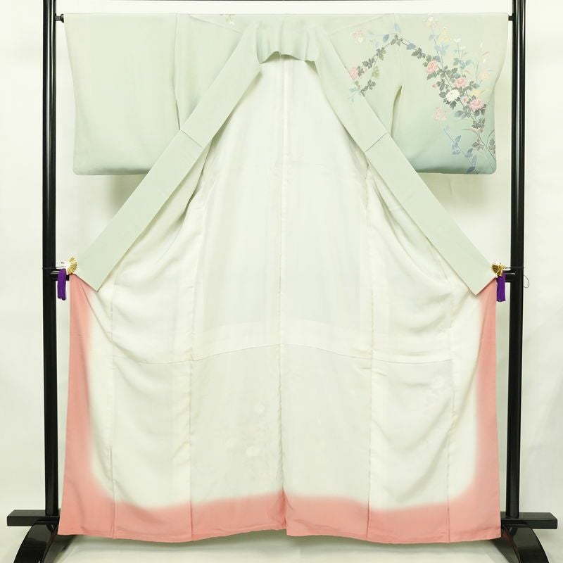 訪問着 落款入り 友禅 縮緬 一つ紋付き 正絹 花柄 袷仕立て 身丈161.5cm 裄丈65cm リサイクル着物 着物 入学式 卒業式 七五三 お宮参り フォーマル 上品 ブルーグリーン 緑・うぐいす色_画像3