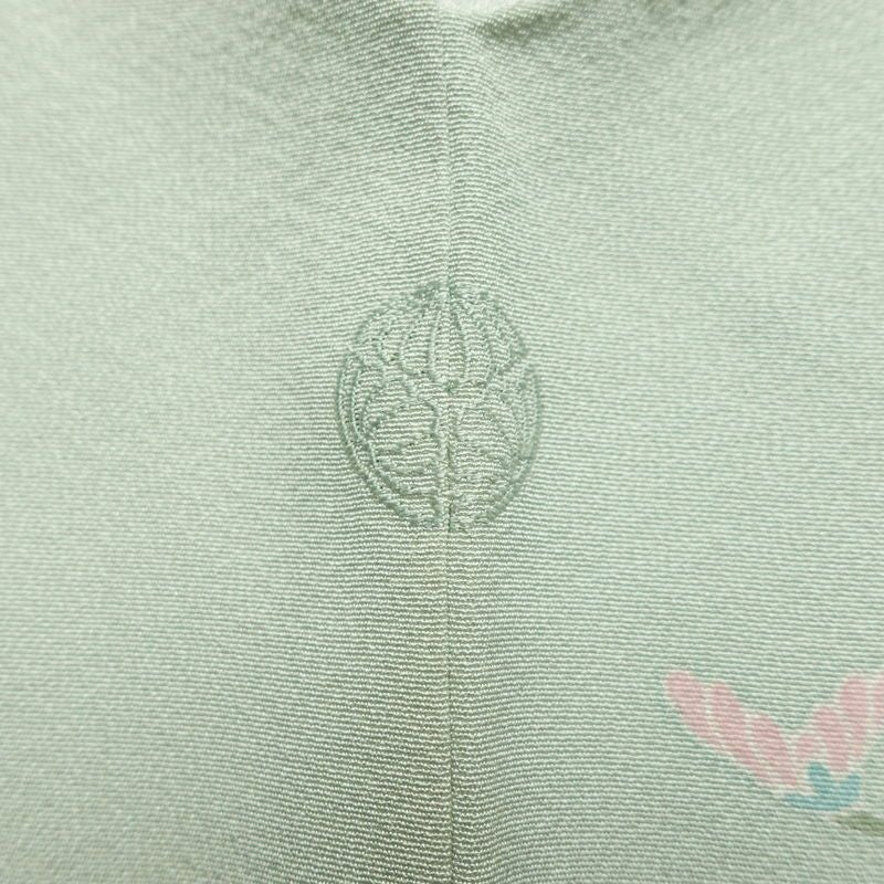 訪問着 落款入り 友禅 縮緬 一つ紋付き 正絹 花柄 袷仕立て 身丈161.5cm 裄丈65cm リサイクル着物 着物 入学式 卒業式 七五三 お宮参り フォーマル 上品 ブルーグリーン 緑・うぐいす色_画像14