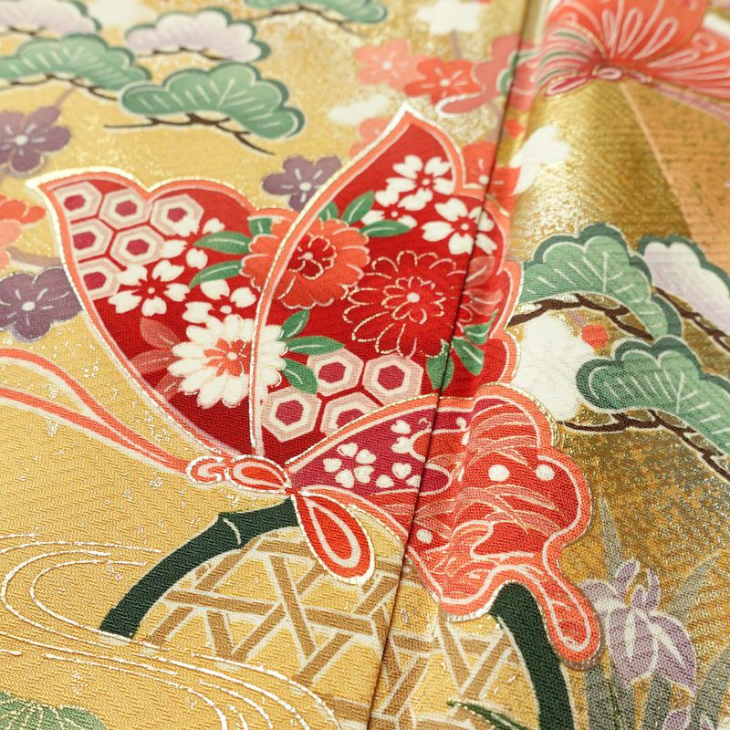 振袖 正絹 古典柄 袷仕立て 身丈164.5cm 裄丈66cm リサイクル着物 着物 箔 金彩 成人式 二十歳 二十歳の集い パーティー フォーマル 蝶 扇子 御所車 黄・黄土色_画像7