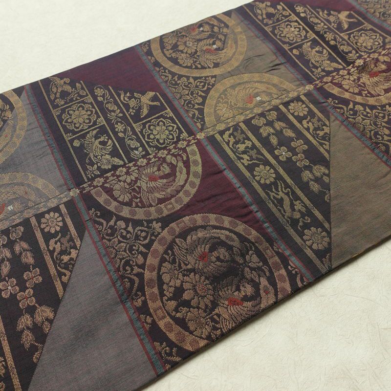 名古屋帯 六通柄 良品 正絹 幾何学柄・抽象柄 名古屋仕立て なごや帯 リサイクル帯 帯 モダン おしゃれ 紫・藤色_画像10