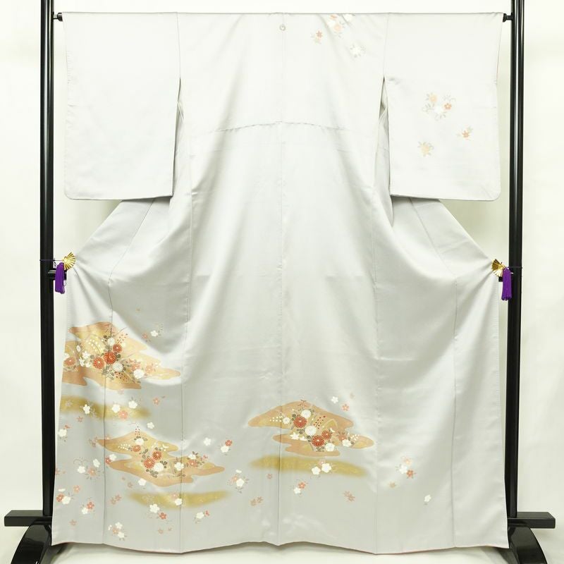 訪問着 金駒刺繍 一つ紋付き 正絹 古典柄 袷仕立て 身丈164.5cm 裄丈65cm リサイクル着物 着物 箔 金彩 入学式 卒業式 七五三 お宮参り フォーマル 四季花 菊 ブルーグレー グレー_画像1