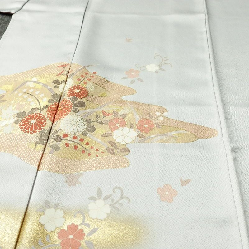 訪問着 金駒刺繍 一つ紋付き 正絹 古典柄 袷仕立て 身丈164.5cm 裄丈65cm リサイクル着物 着物 箔 金彩 入学式 卒業式 七五三 お宮参り フォーマル 四季花 菊 ブルーグレー グレー_画像5