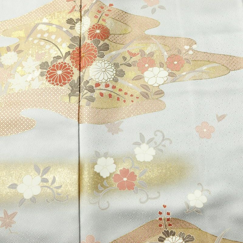 訪問着 金駒刺繍 一つ紋付き 正絹 古典柄 袷仕立て 身丈164.5cm 裄丈65cm リサイクル着物 着物 箔 金彩 入学式 卒業式 七五三 お宮参り フォーマル 四季花 菊 ブルーグレー グレー_画像6