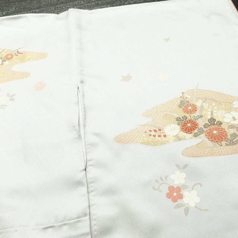 訪問着 金駒刺繍 一つ紋付き 正絹 古典柄 袷仕立て 身丈164.5cm 裄丈65cm リサイクル着物 着物 箔 金彩 入学式 卒業式 七五三 お宮参り フォーマル 四季花 菊 ブルーグレー グレー_画像14