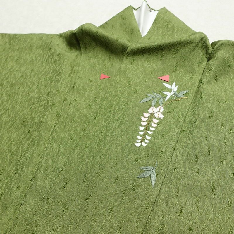 訪問着 一つ紋付き 正絹 木の葉・植物柄 袷仕立て 身丈162cm 裄丈68cm リサイクル着物 着物 刺繍 箔 入学式 卒業式 七五三 お宮参り フォーマル 緑・うぐいす色_画像16