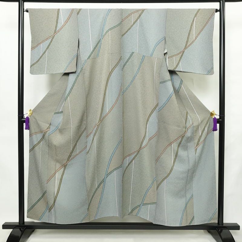 小紋 良品 しつけ糸付き ふくれ織 正絹 幾何学柄・抽象柄 袷仕立て 身丈152cm 裄丈65cm リサイクル着物 着物 多色使い_画像1