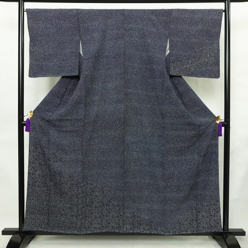 付け下げ しつけ糸付き 縮緬 正絹 古典柄 袷仕立て 身丈156.5cm 裄丈66.5cm リサイクル着物 着物 青・紺_画像1