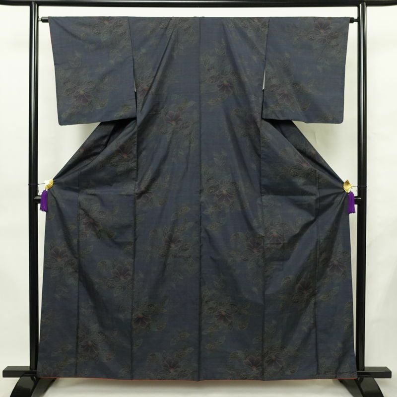 大島紬 証紙なし 正絹 花柄 袷仕立て 身丈161.5cm 裄丈64cm リサイクル着物 着物 青・紺_画像1