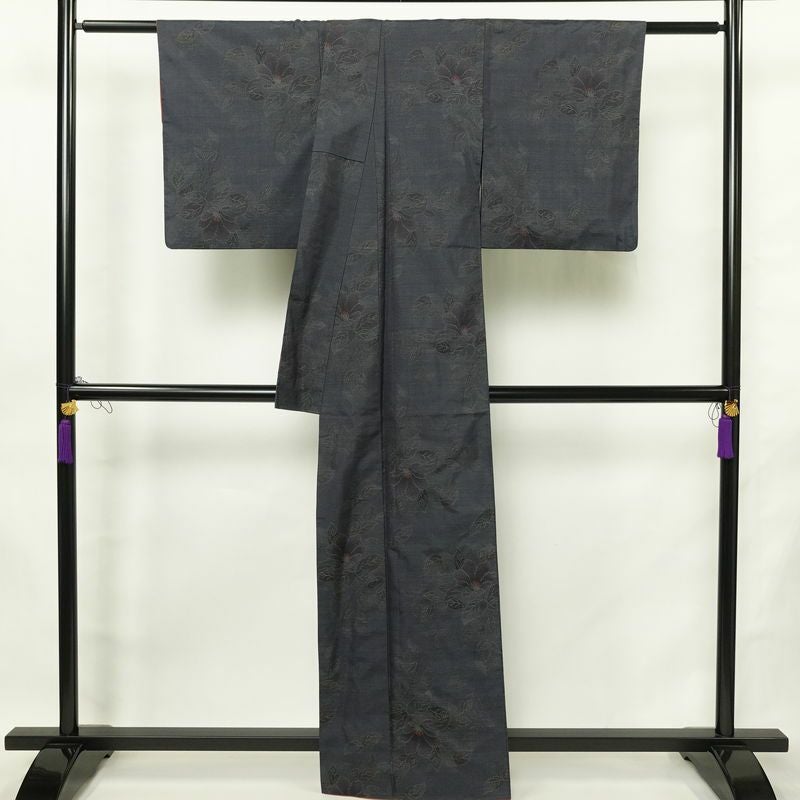 大島紬 証紙なし 正絹 花柄 袷仕立て 身丈161.5cm 裄丈64cm リサイクル着物 着物 青・紺_画像2