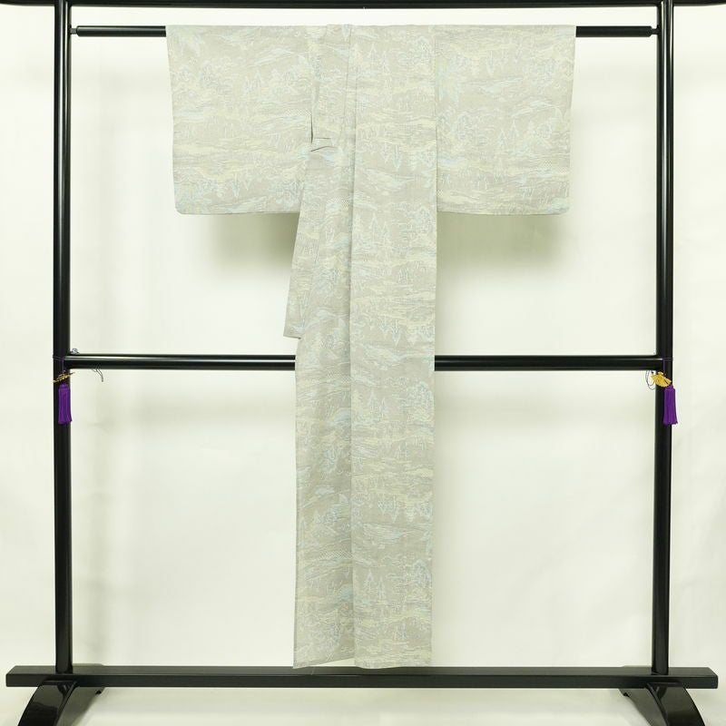 単衣 紬 バチ衿仕立て 混紡 風景柄 単衣仕立て 身丈146cm 裄丈60.5cm リサイクル着物 着物 多色使い_画像2