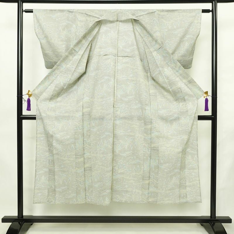 単衣 紬 バチ衿仕立て 混紡 風景柄 単衣仕立て 身丈146cm 裄丈60.5cm リサイクル着物 着物 多色使い_画像3