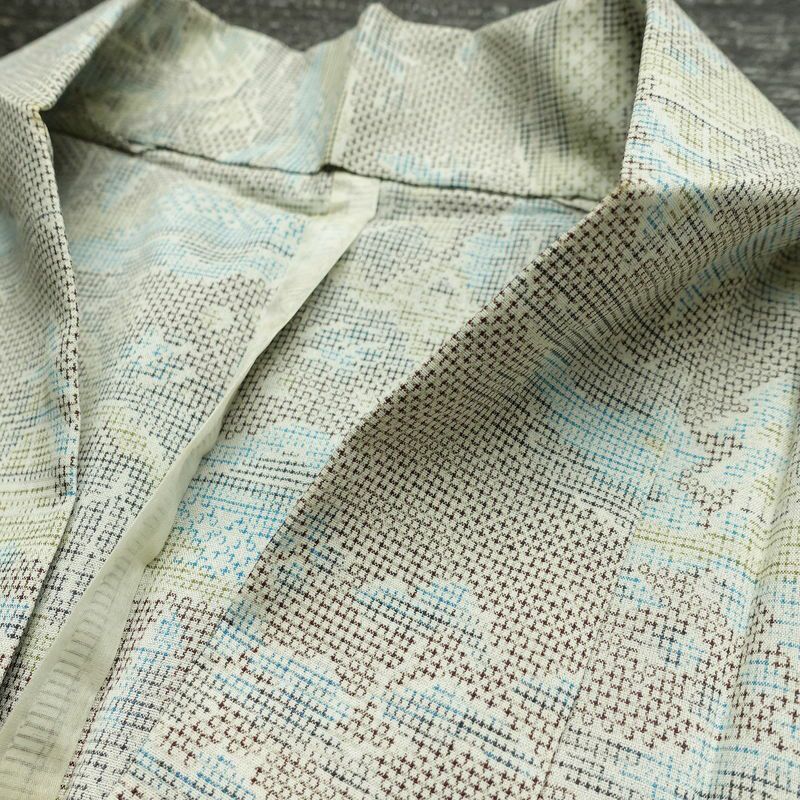 単衣 紬 バチ衿仕立て 混紡 風景柄 単衣仕立て 身丈146cm 裄丈60.5cm リサイクル着物 着物 多色使い_画像17