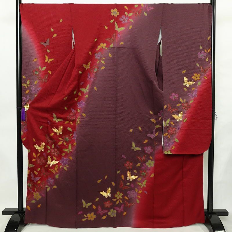 振袖 長襦袢セット 良品 金駒刺繍 正絹 古典柄 蝶 金彩 袷仕立て 身丈
