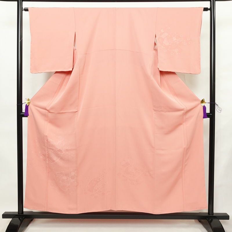 付け下げ 美品 しつけ糸付き 色無地絵羽付下 正絹 古典柄 袷仕立て 身丈154cm 裄丈63.5cm リサイクル着物 着物 入学式 卒業式 七五三 お宮参り フォーマル シンプル ピンク_画像1