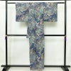 小紋 縮緬 総柄 正絹 花柄 袷仕立て 身丈157.5cm 裄丈62.5cm リサイクル着物 着物 くすみブルー 青・紺_画像2