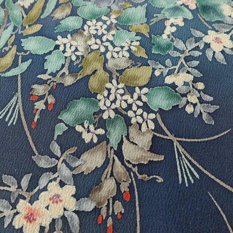 小紋 縮緬 総柄 正絹 花柄 袷仕立て 身丈157.5cm 裄丈62.5cm リサイクル着物 着物 くすみブルー 青・紺_画像8