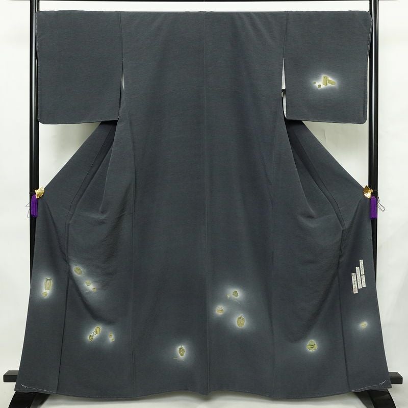 付け下げ 樽本伊勢蔵 京友禅伝統工芸士 落款入り 縮緬 正絹 茶道具 その他の柄 袷仕立て 身丈163.5cm 裄丈70.5cm リサイクル着物 着物 金彩 入学式 卒業式 七五三 お宮参り フォーマル シンプル 青・紺_画像1