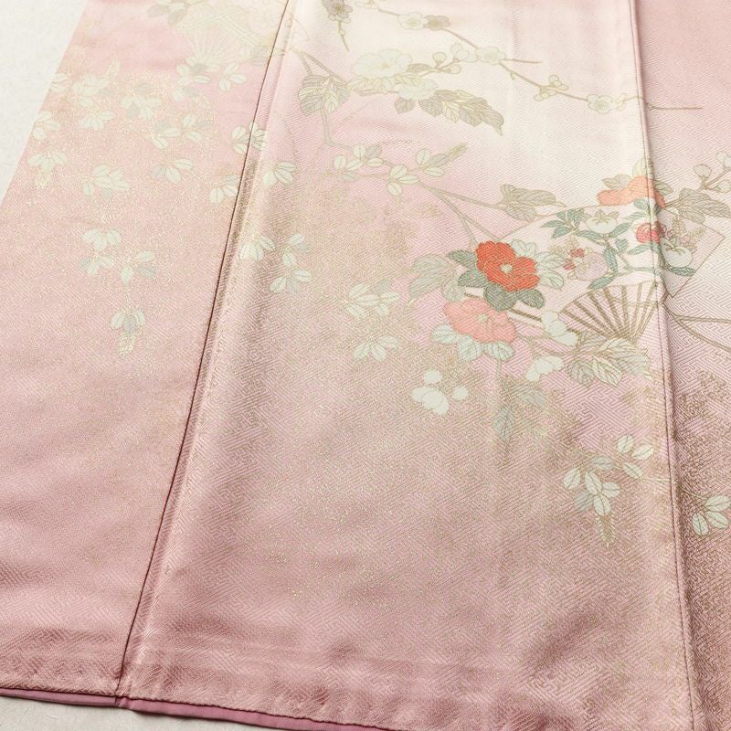 訪問着 綸子 正絹 古典柄 袷仕立て 身丈162cm 裄丈67.5cm リサイクル着物 着物 箔 金彩 入学式 卒業式 七五三 お宮参り フォーマル 扇子 ピンク_画像4