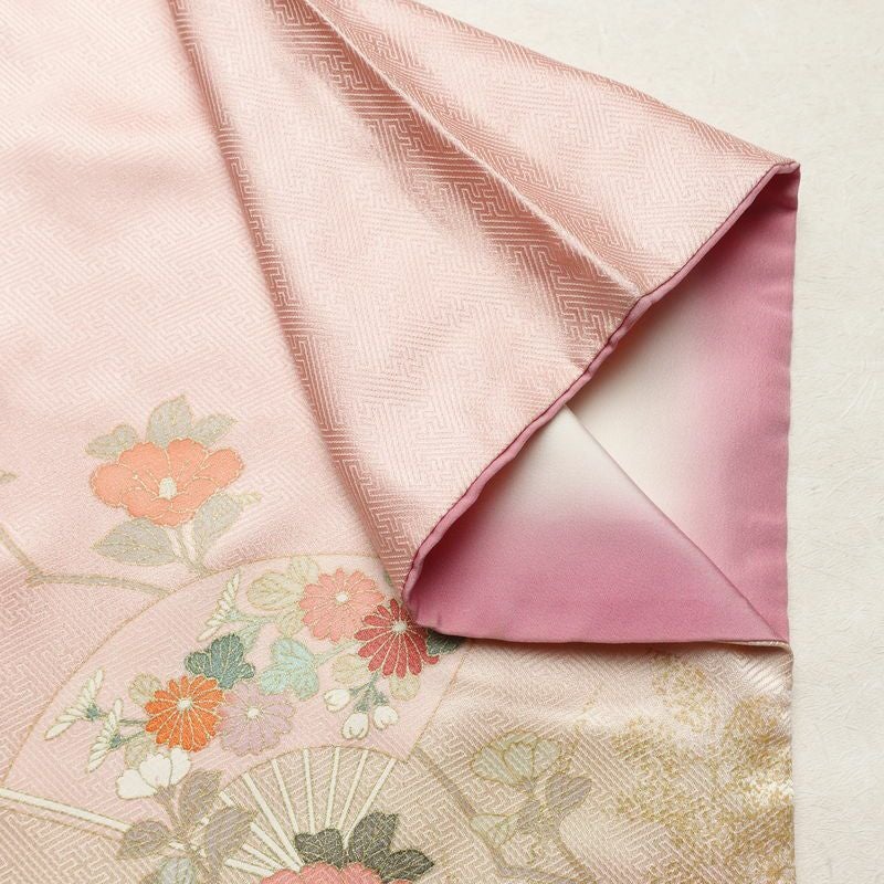 訪問着 綸子 正絹 古典柄 袷仕立て 身丈162cm 裄丈67.5cm リサイクル着物 着物 箔 金彩 入学式 卒業式 七五三 お宮参り フォーマル 扇子 ピンク_画像14