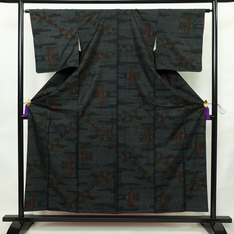 大島紬 証紙なし 正絹 花柄 袷仕立て 身丈155cm 裄丈63cm リサイクル着物 着物 青・紺_画像1