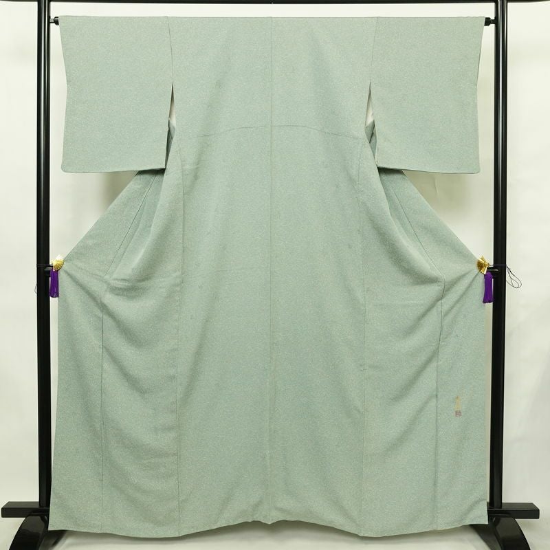 小紋 正絹 きもの志麻 木の葉・植物柄 袷仕立て 身丈161.5cm 裄丈64.5cm リサイクル着物 着物 シンプル ブルーグリーン 緑・うぐいす色_画像1