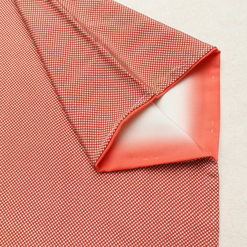小紋 良品 しつけ糸付き バチ衿仕立て 正絹 チェック・格子柄 袷仕立て 身丈161.5cm 裄丈64.5cm リサイクル着物 着物 カジュアル 赤・朱_画像12