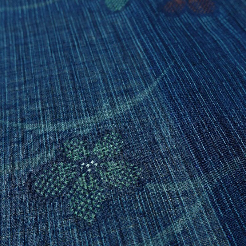 盛夏 小紋 美品 しつけ糸付き 夏用 ポリエステル 花柄 単衣仕立て 身丈160.5cm 裄丈64.5cm リサイクル着物 着物 青・紺_画像9