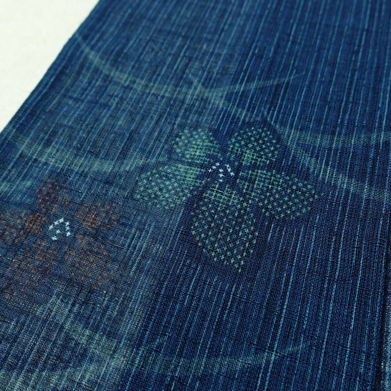 盛夏 小紋 美品 しつけ糸付き 夏用 ポリエステル 花柄 単衣仕立て 身丈160.5cm 裄丈64.5cm リサイクル着物 着物 青・紺_画像10