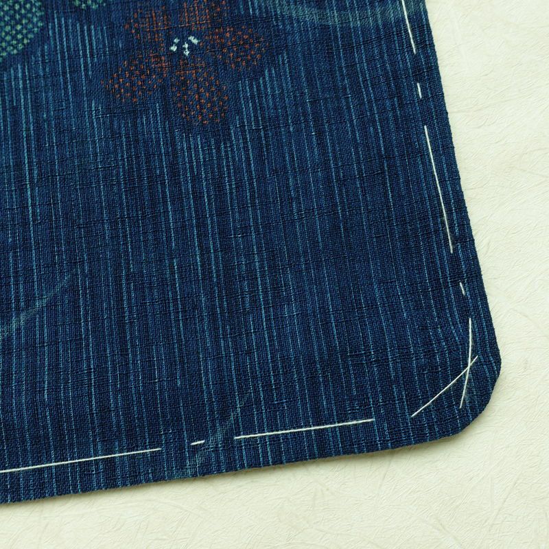 盛夏 小紋 美品 しつけ糸付き 夏用 ポリエステル 花柄 単衣仕立て 身丈160.5cm 裄丈64.5cm リサイクル着物 着物 青・紺_画像15