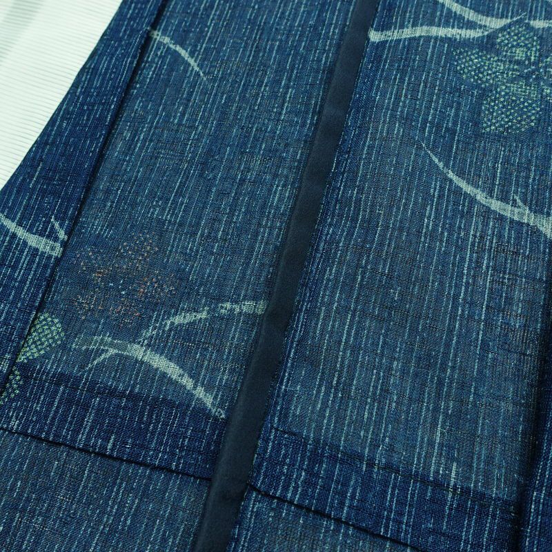 盛夏 小紋 美品 しつけ糸付き 夏用 ポリエステル 花柄 単衣仕立て 身丈160.5cm 裄丈64.5cm リサイクル着物 着物 青・紺_画像18