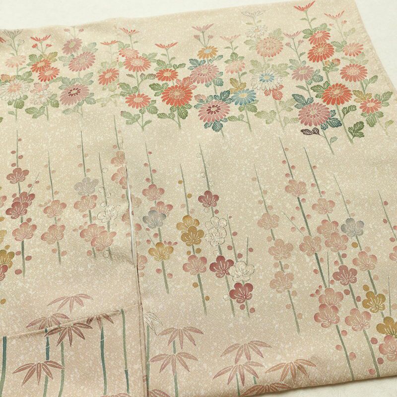 訪問着 良品 落款入り 縮緬 正絹 花柄 袷仕立て 身丈159.5cm 裄丈63cm リサイクル着物 着物 共八掛 金彩 パーティー フォーマル ベージュ_画像14