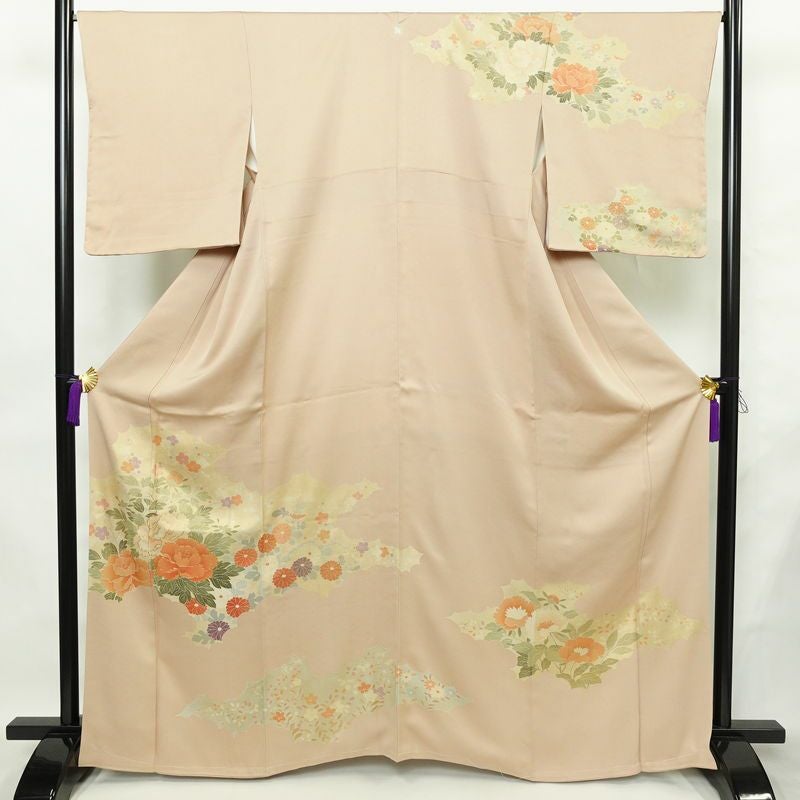 訪問着 良品 金駒刺繍 しつけ糸付き 一つ紋付き 正絹 花柄 袷仕立て 身丈165cm 裄丈66.5cm リサイクル着物 着物 箔 入学式 卒業式 七五三 お宮参り フォーマル ベージュ_画像1