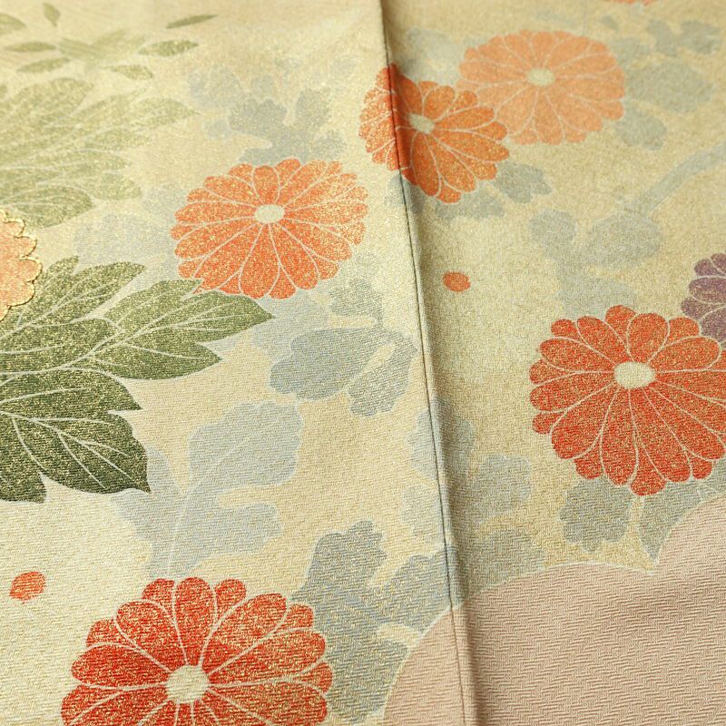 訪問着 良品 金駒刺繍 しつけ糸付き 一つ紋付き 正絹 花柄 袷仕立て 身丈165cm 裄丈66.5cm リサイクル着物 着物 箔 入学式 卒業式 七五三 お宮参り フォーマル ベージュ_画像10