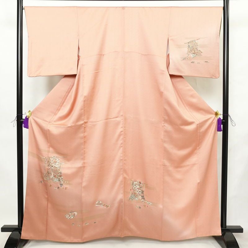 付け下げ 一つ紋付き 正絹 古典柄 袷仕立て 身丈162cm 裄丈67cm リサイクル着物 着物 刺繍 金彩 入学式 卒業式 七五三 お宮参り フォーマル ピンク_画像1