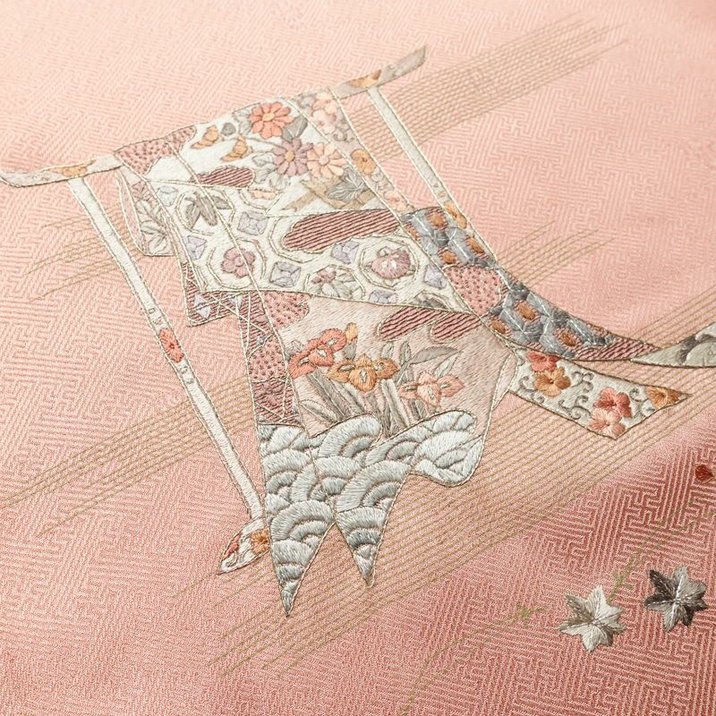付け下げ 一つ紋付き 正絹 古典柄 袷仕立て 身丈162cm 裄丈67cm リサイクル着物 着物 刺繍 金彩 入学式 卒業式 七五三 お宮参り フォーマル ピンク_画像12
