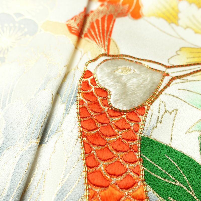 振袖 金駒刺繍 正絹 古典柄 袷仕立て 身丈160cm 裄丈66cm リサイクル着物 着物 孔雀 刺繍 箔 白_画像7