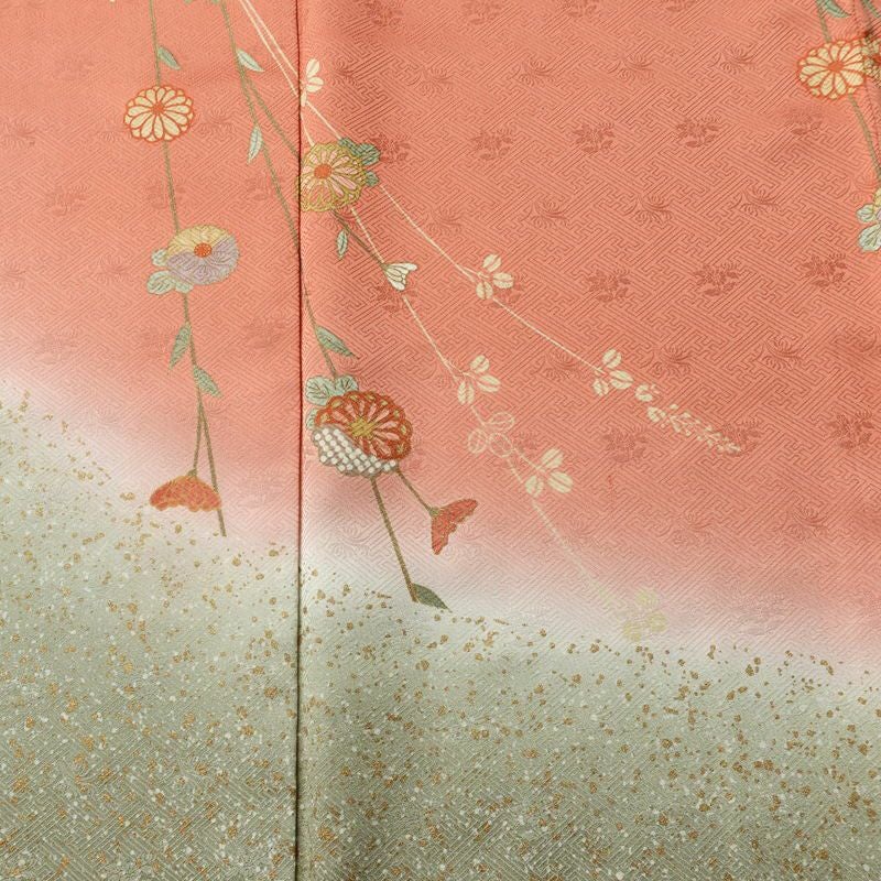 訪問着 良品 しつけ糸付き 綸子 正絹 花柄 袷仕立て 身丈161.5cm 裄丈66cm リサイクル着物 着物 箔 入学式 卒業式 七五三 お宮参り フォーマル 緑・うぐいす色_画像6