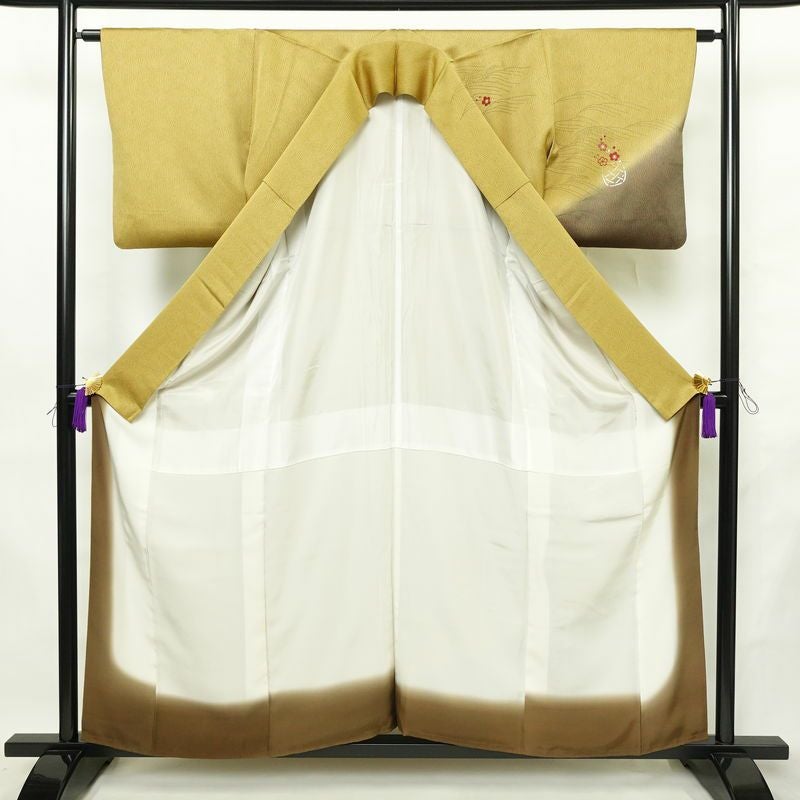 訪問着 正絹 木の葉・植物柄 袷仕立て 身丈157.5cm 裄丈63cm リサイクル着物 着物 刺繍 箔 入学式 卒業式 七五三 お宮参り フォーマル 黄・黄土色_画像3