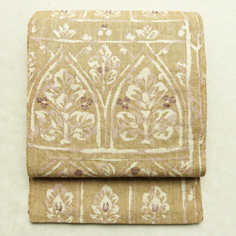 名古屋帯 六通柄 良品 正絹 幾何学柄・抽象柄 通し仕立て なごや帯 リサイクル帯 帯 紬地 ベージュ_画像1