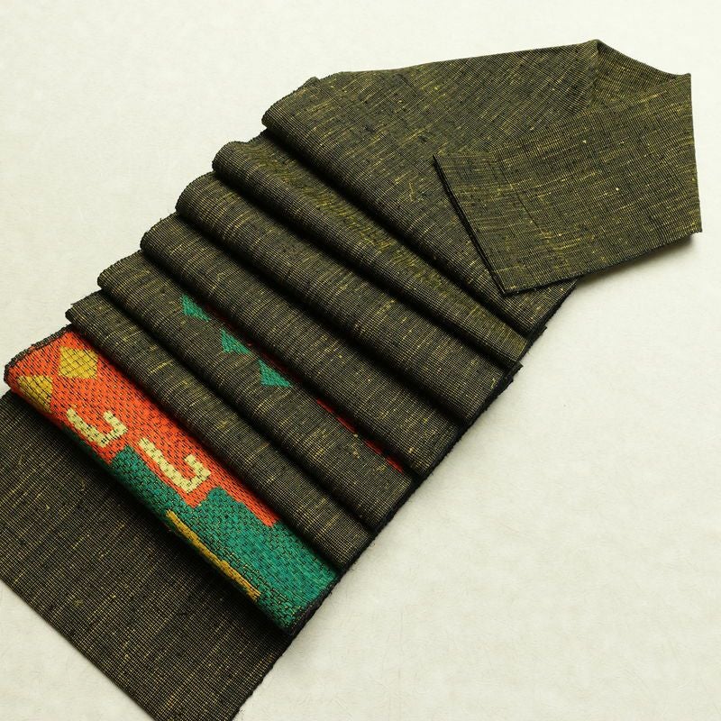 名古屋帯 太鼓柄 美品 正絹 幾何学柄・抽象柄 松葉仕立て なごや帯 リサイクル帯 帯 紬地 黒_画像18