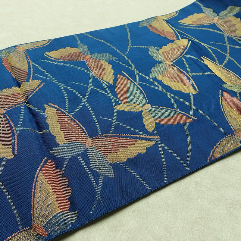 名古屋帯 全通柄 正絹 蝶・昆虫柄 松葉仕立て なごや帯 リサイクル帯 帯 金糸 青・紺_画像12