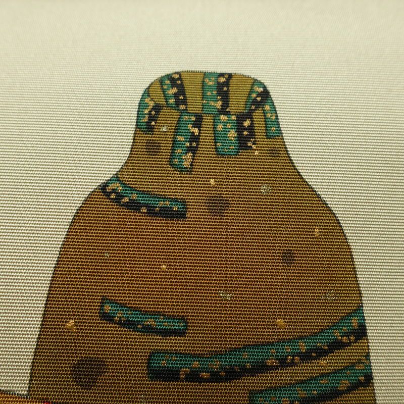 名古屋帯 太鼓柄 良品 雅生 落款入り 正絹 古典柄 名古屋仕立て なごや帯 リサイクル帯 一部しつけ糸付き 帯 金彩 シンプル 緑・うぐいす色_画像7