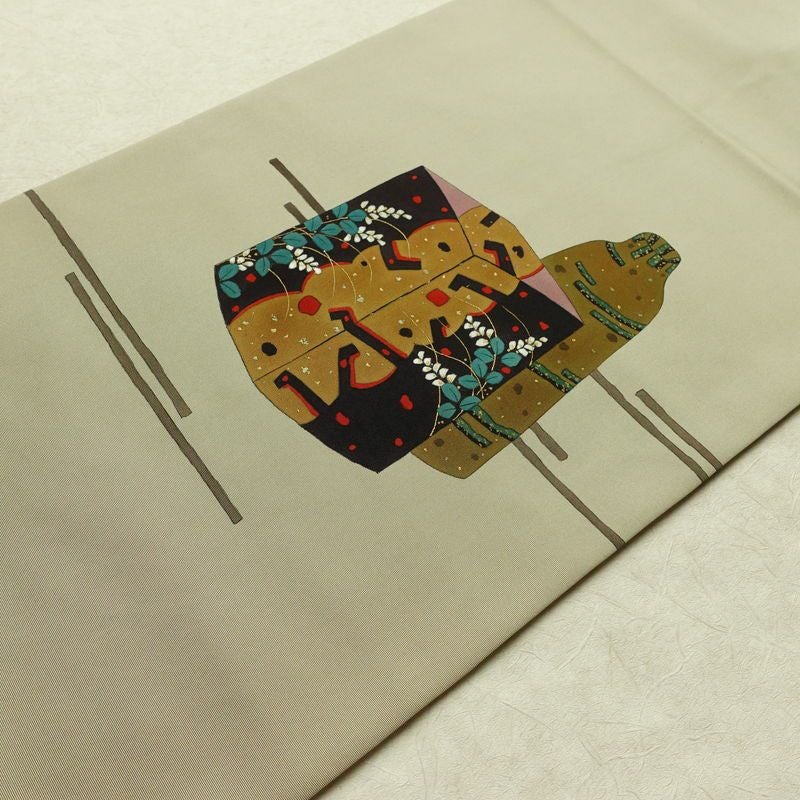 名古屋帯 太鼓柄 良品 雅生 落款入り 正絹 古典柄 名古屋仕立て なごや帯 リサイクル帯 一部しつけ糸付き 帯 金彩 シンプル 緑・うぐいす色_画像13