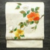 名古屋帯 太鼓柄 正絹 花柄 名古屋仕立て なごや帯 リサイクル帯 帯 刺繍 箔 椿 白_画像1