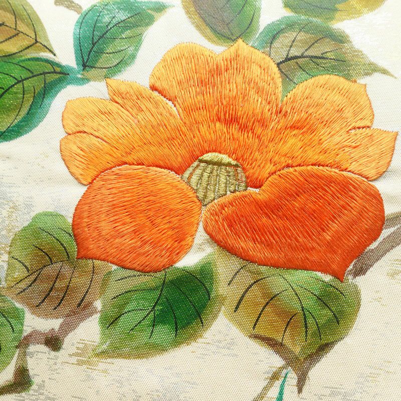 名古屋帯 太鼓柄 正絹 花柄 名古屋仕立て なごや帯 リサイクル帯 帯 刺繍 箔 椿 白_画像3