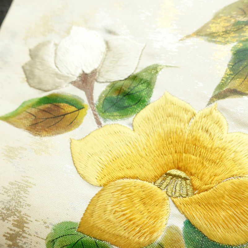 名古屋帯 太鼓柄 正絹 花柄 名古屋仕立て なごや帯 リサイクル帯 帯 刺繍 箔 椿 白_画像7
