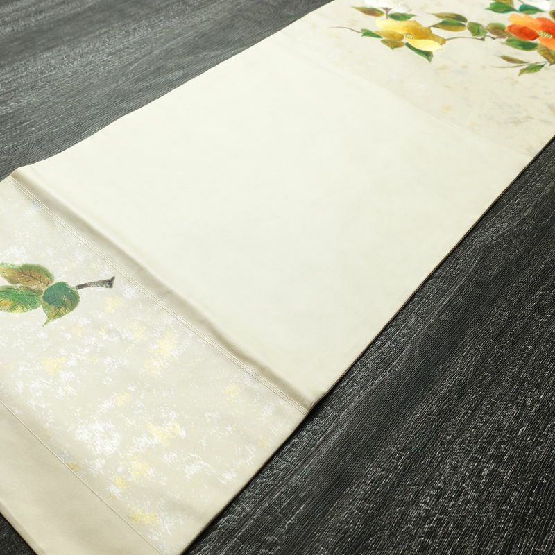名古屋帯 太鼓柄 正絹 花柄 名古屋仕立て なごや帯 リサイクル帯 帯 刺繍 箔 椿 白_画像9