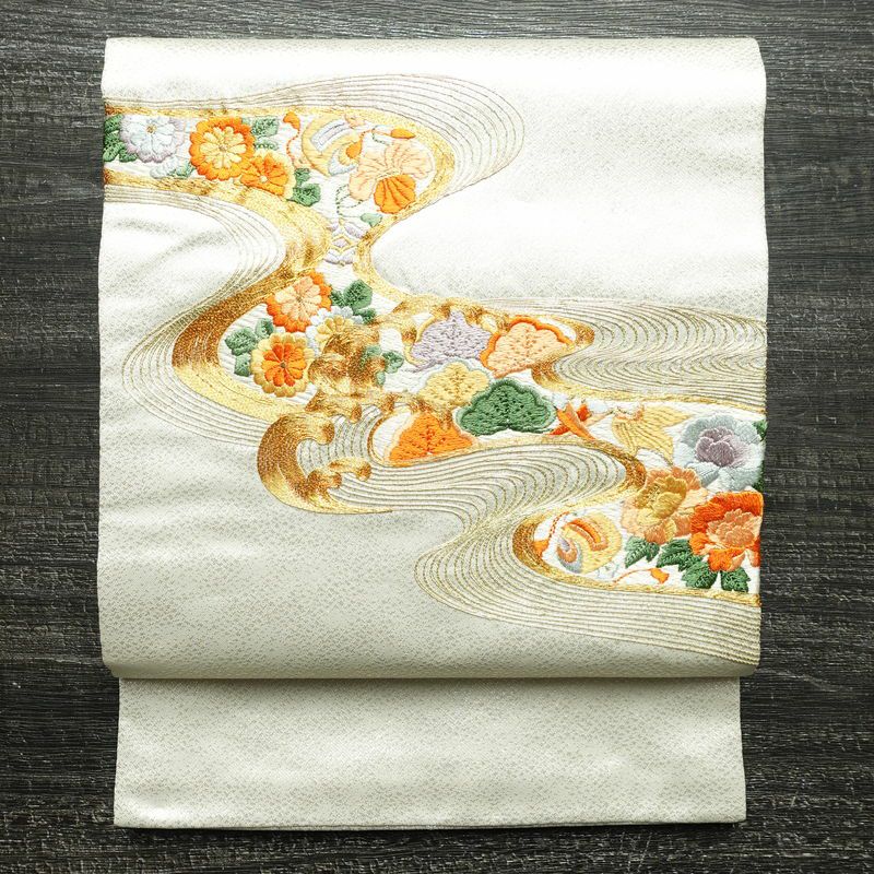 名古屋帯 太鼓柄 正絹 花柄 名古屋仕立て 帯 白 | 太鼓柄 古着着物
