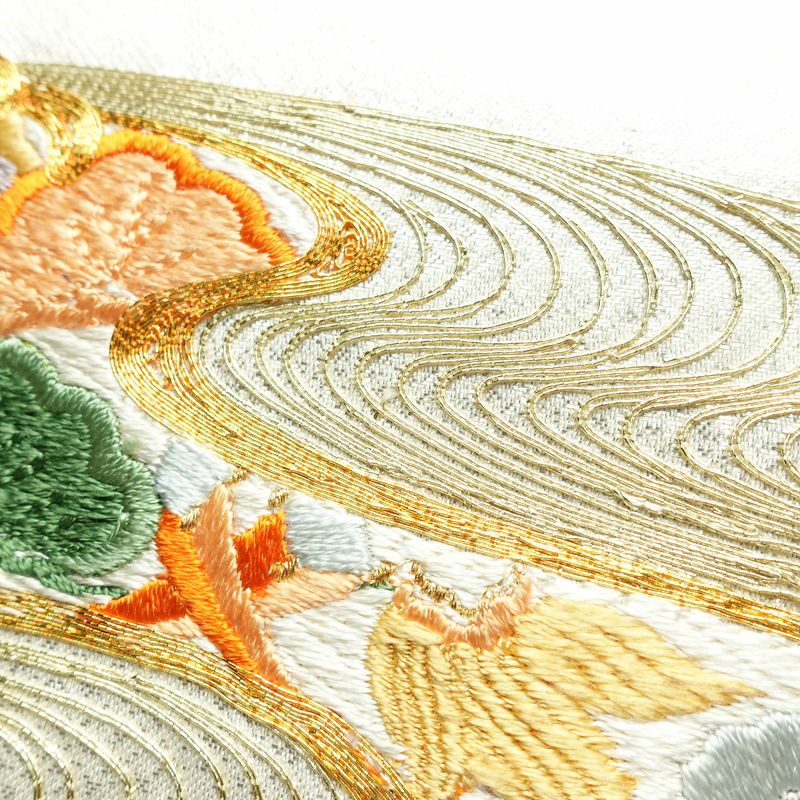 名古屋帯 太鼓柄 金駒刺繍 正絹 古典柄 通し仕立て なごや帯 リサイクル帯 帯 刺繍 箔 松 菊 金・銀_画像4