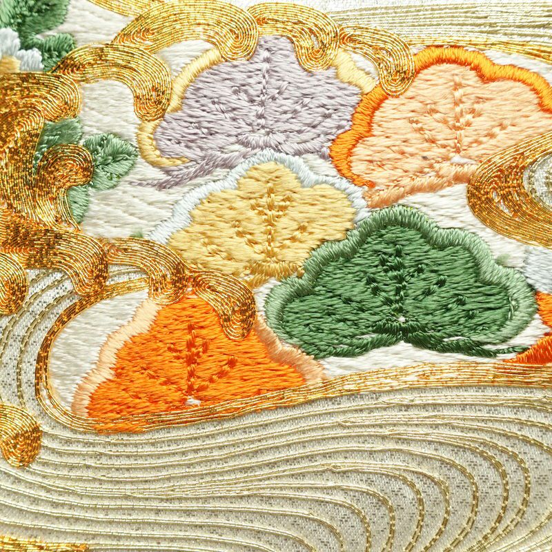 名古屋帯 太鼓柄 金駒刺繍 正絹 古典柄 通し仕立て なごや帯 リサイクル帯 帯 刺繍 箔 松 菊 金・銀_画像5